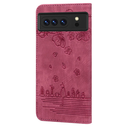 For Google Pixel 8 Pro PU Leather Wallet Stand Case Imprinted Flower Cat Phone Cover with Strap
