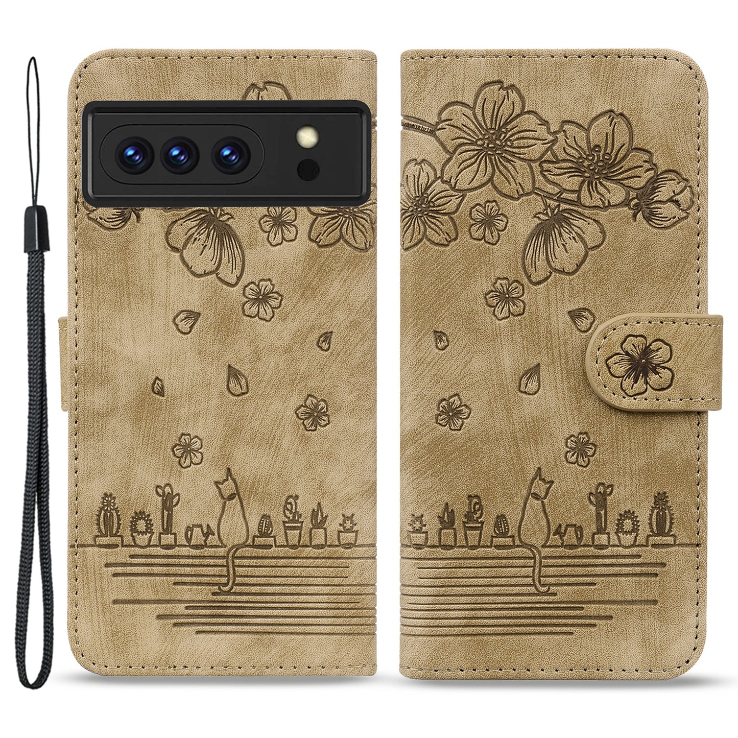 For Google Pixel 8 Pro PU Leather Wallet Stand Case Imprinted Flower Cat Phone Cover with Strap