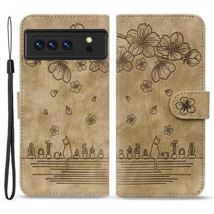 For Google Pixel 8 Pro PU Leather Wallet Stand Case Imprinted Flower Cat Phone Cover with Strap