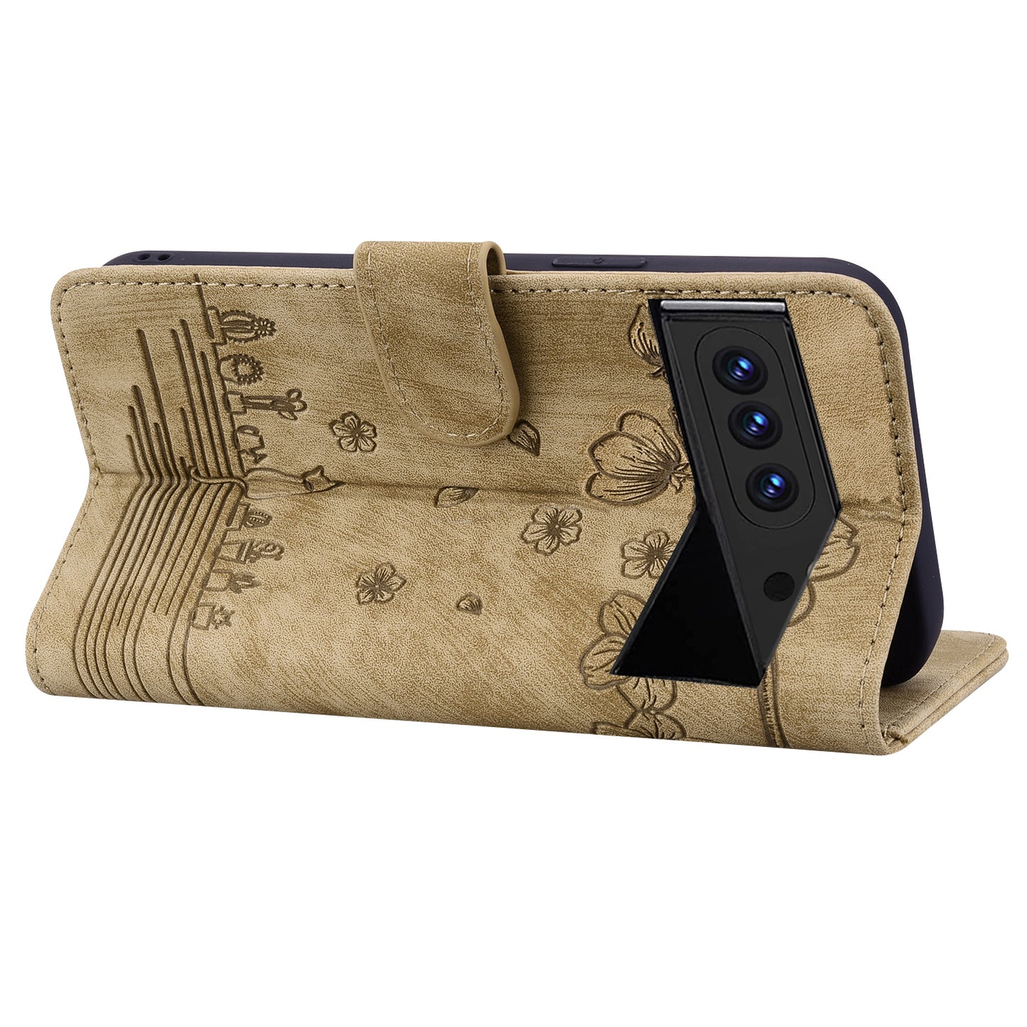 For Google Pixel 8 Pro PU Leather Wallet Stand Case Imprinted Flower Cat Phone Cover with Strap