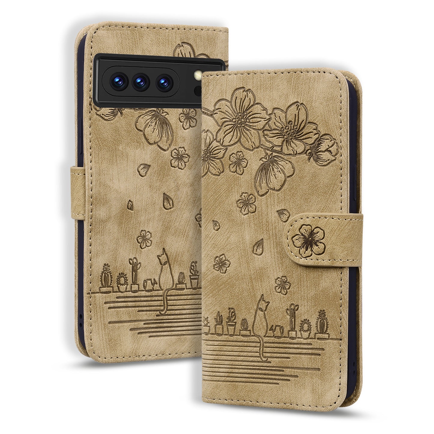 For Google Pixel 8 Pro PU Leather Wallet Stand Case Imprinted Flower Cat Phone Cover with Strap