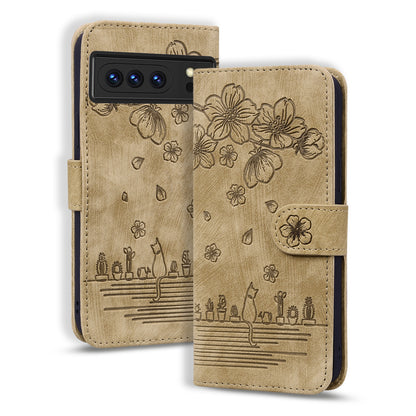 For Google Pixel 8 Pro PU Leather Wallet Stand Case Imprinted Flower Cat Phone Cover with Strap