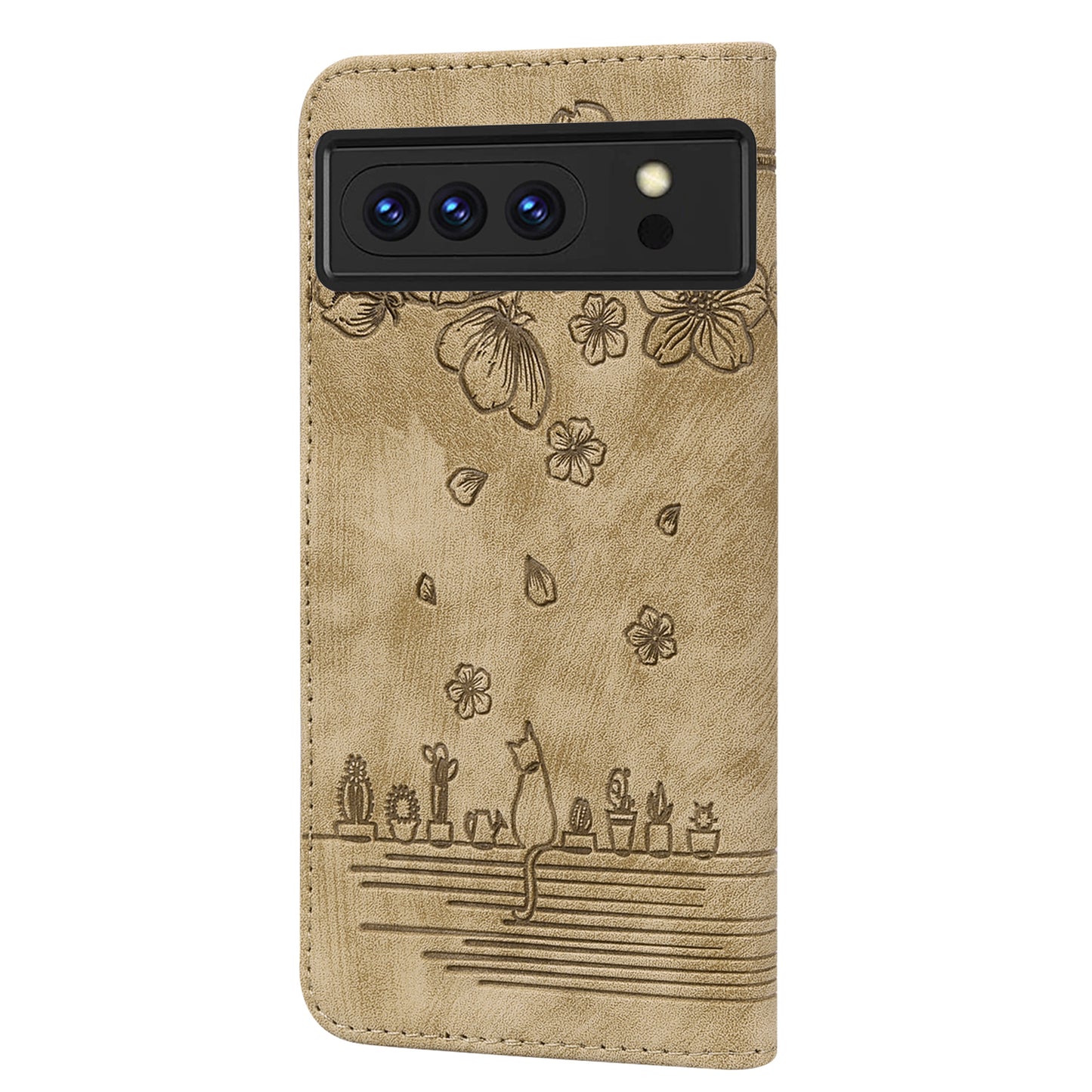 For Google Pixel 8 Pro PU Leather Wallet Stand Case Imprinted Flower Cat Phone Cover with Strap