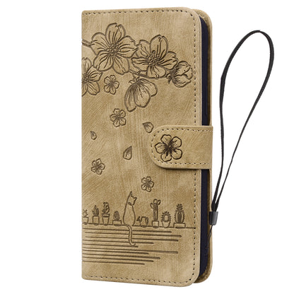 For Google Pixel 8 Pro PU Leather Wallet Stand Case Imprinted Flower Cat Phone Cover with Strap