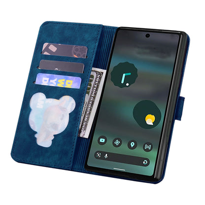 For Google Pixel 8 Pro PU Leather Wallet Stand Case Imprinted Flower Cat Phone Cover with Strap