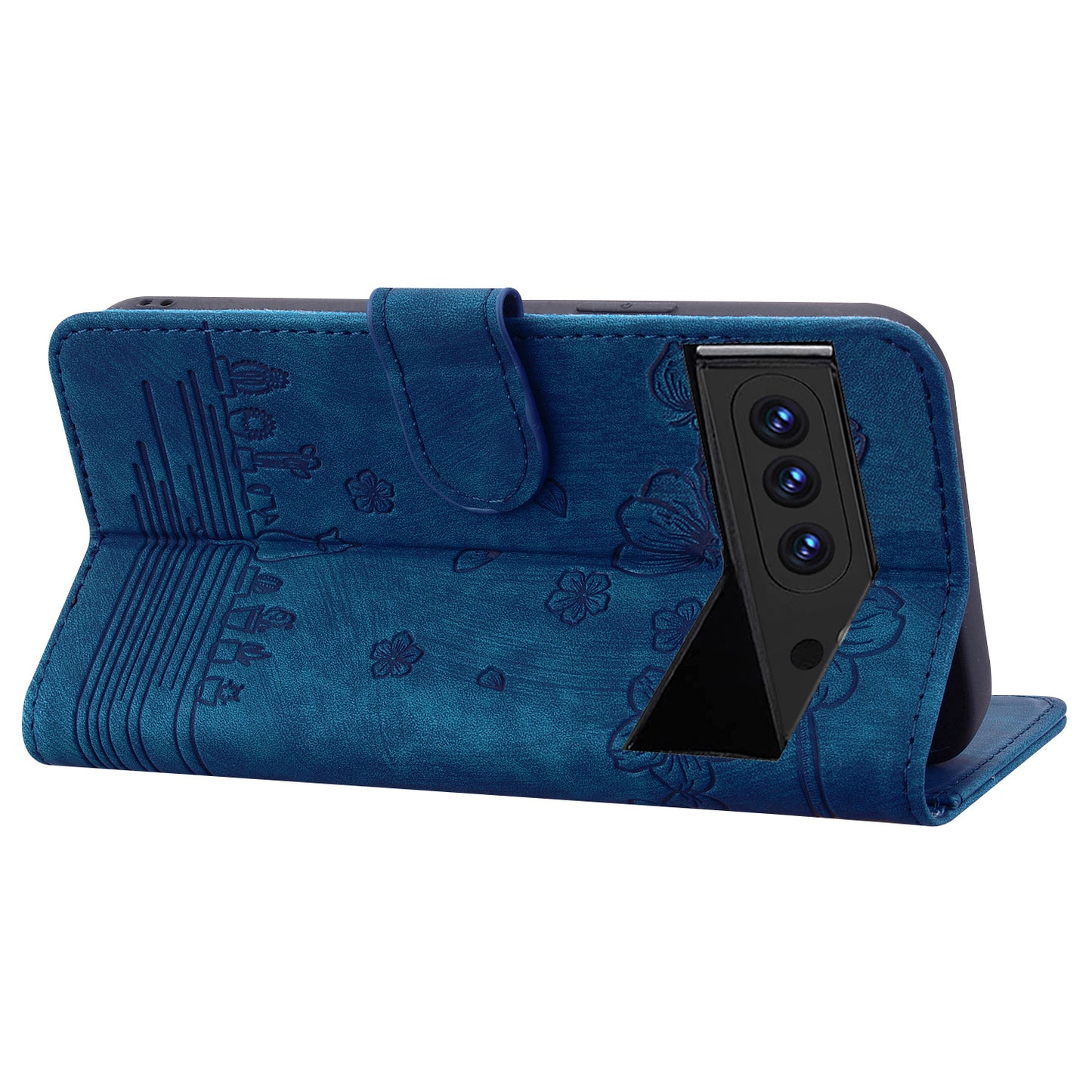 For Google Pixel 8 Pro PU Leather Wallet Stand Case Imprinted Flower Cat Phone Cover with Strap