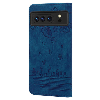 For Google Pixel 8 Pro PU Leather Wallet Stand Case Imprinted Flower Cat Phone Cover with Strap
