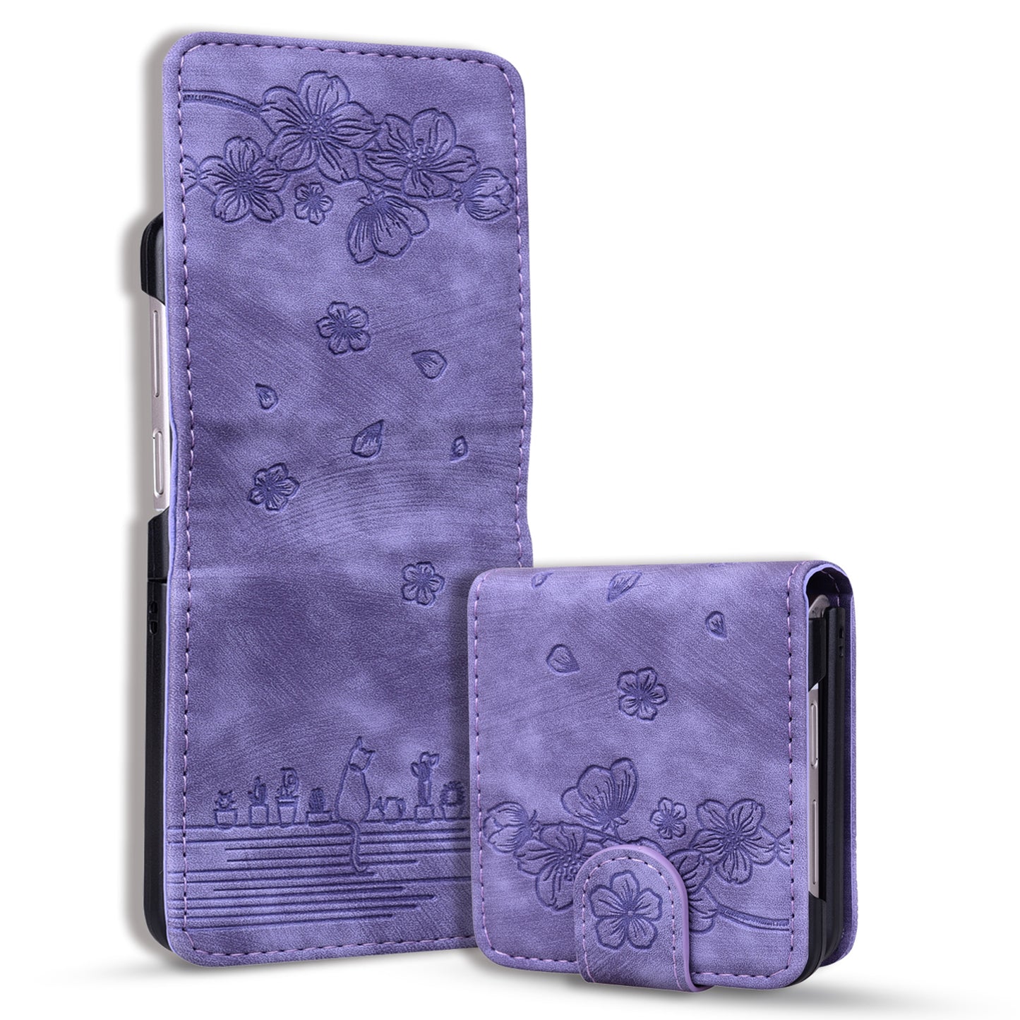 For Samsung Galaxy Z Flip3 5G Imprinted Cat Flower Cover PU Leather Card Holder Phone Case