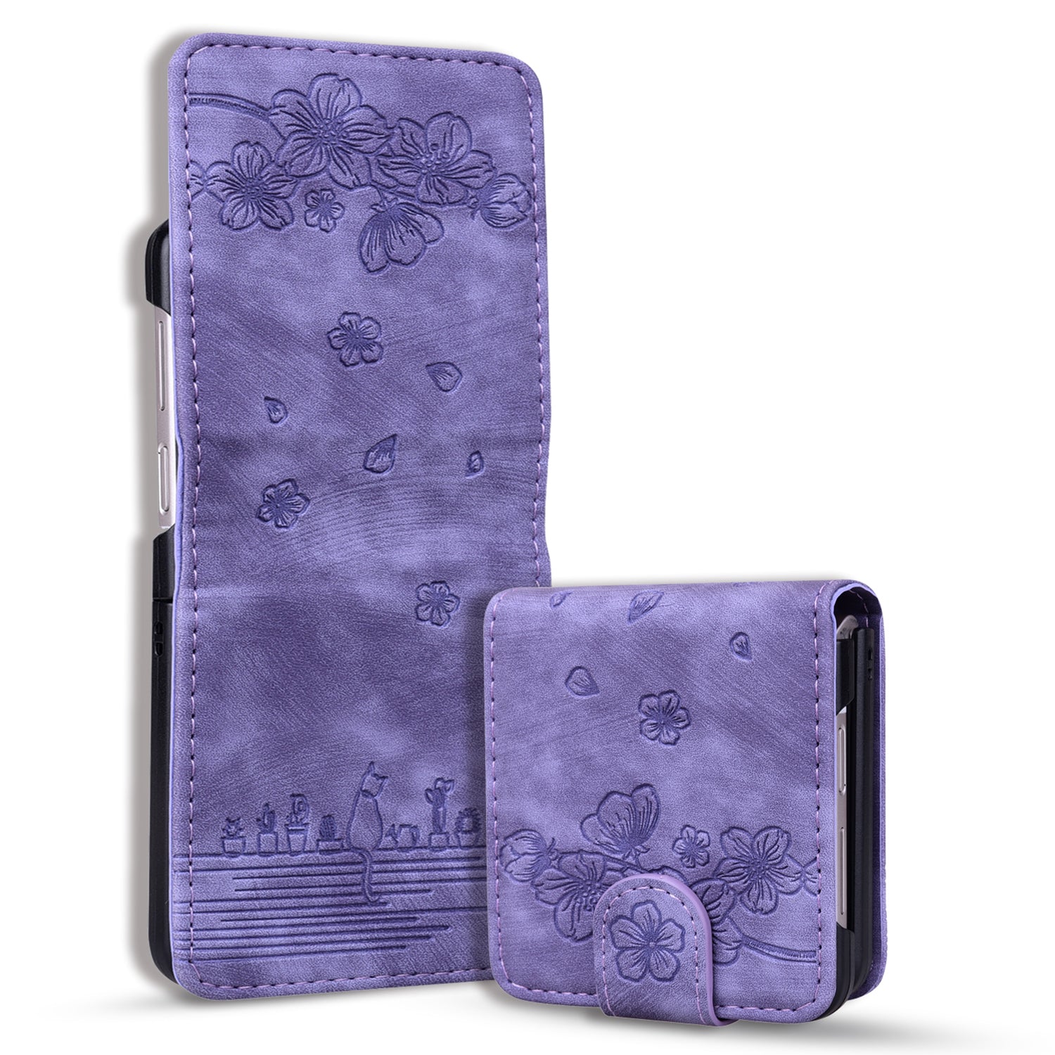 For Samsung Galaxy Z Flip3 5G Imprinted Cat Flower Cover PU Leather Card Holder Phone Case