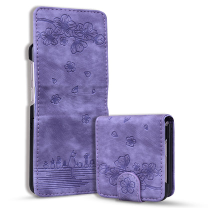 For Samsung Galaxy Z Flip3 5G Imprinted Cat Flower Cover PU Leather Card Holder Phone Case