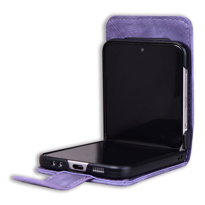 For Samsung Galaxy Z Flip3 5G Imprinted Cat Flower Cover PU Leather Card Holder Phone Case