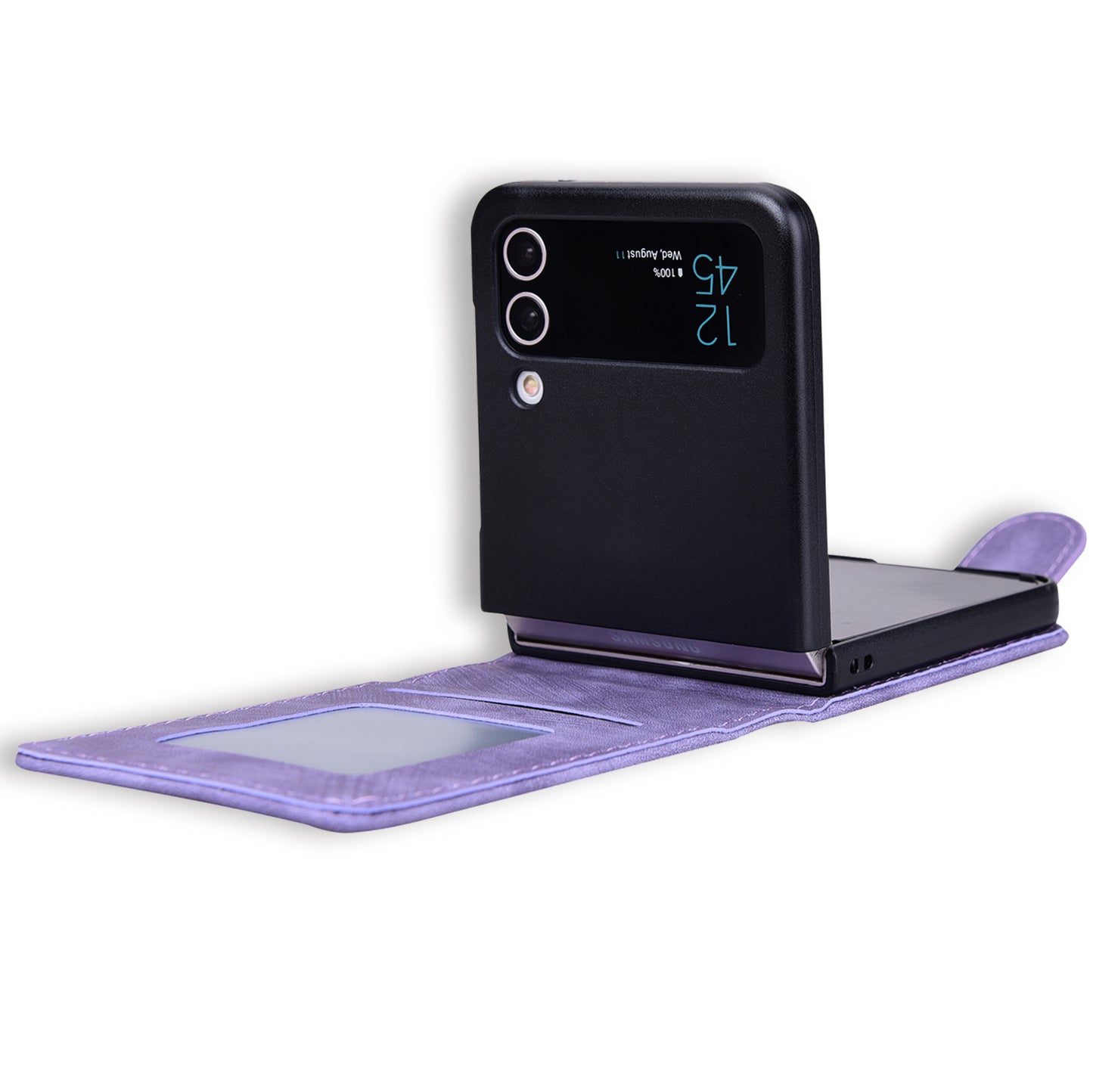 For Samsung Galaxy Z Flip3 5G Imprinted Cat Flower Cover PU Leather Card Holder Phone Case