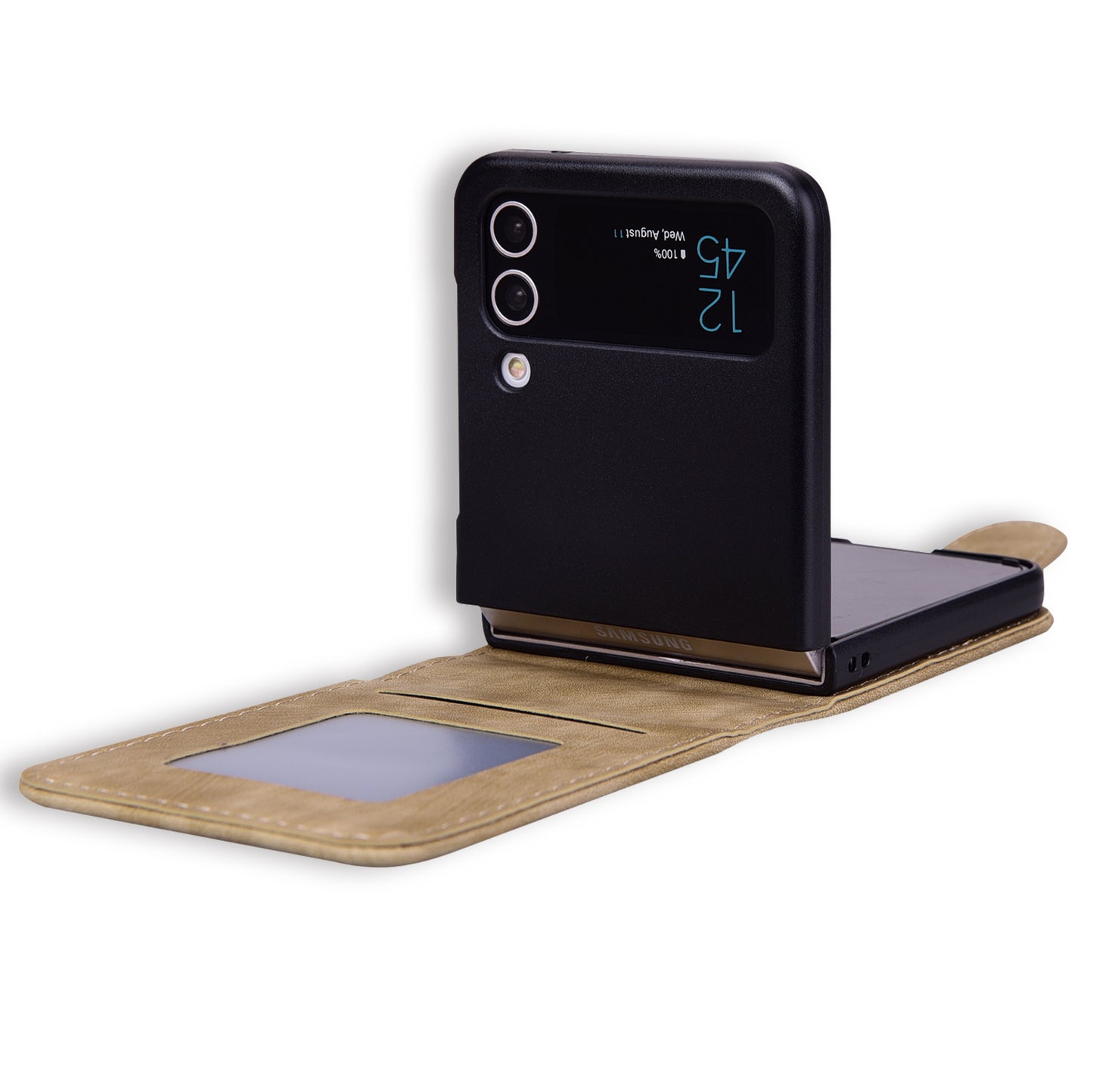 For Samsung Galaxy Z Flip3 5G Imprinted Cat Flower Cover PU Leather Card Holder Phone Case