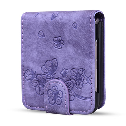 For Samsung Galaxy Z Flip4 5G PU Leather Card Holder Phone Case Imprinted Cat Flower Anti-drop Cover