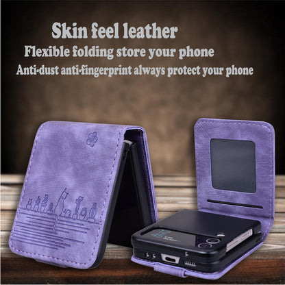 For Samsung Galaxy Z Flip4 5G PU Leather Card Holder Phone Case Imprinted Cat Flower Anti-drop Cover