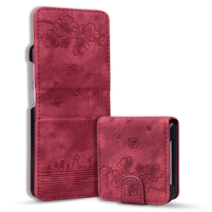For Samsung Galaxy Z Flip4 5G PU Leather Card Holder Phone Case Imprinted Cat Flower Anti-drop Cover