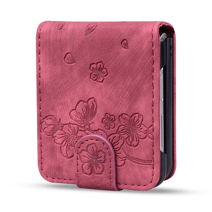 For Samsung Galaxy Z Flip4 5G PU Leather Card Holder Phone Case Imprinted Cat Flower Anti-drop Cover