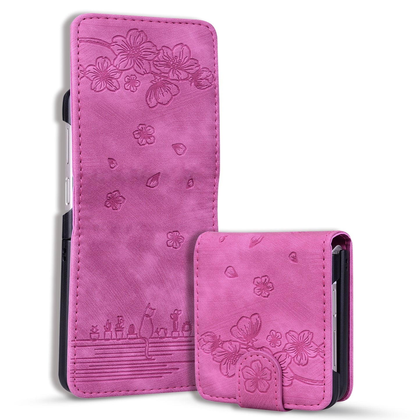 For Samsung Galaxy Z Flip4 5G PU Leather Card Holder Phone Case Imprinted Cat Flower Anti-drop Cover