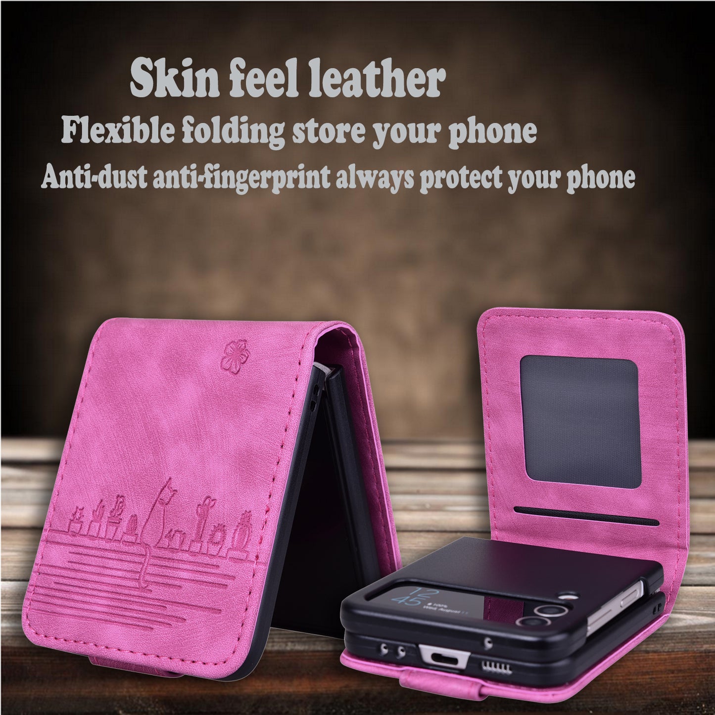 For Samsung Galaxy Z Flip4 5G PU Leather Card Holder Phone Case Imprinted Cat Flower Anti-drop Cover