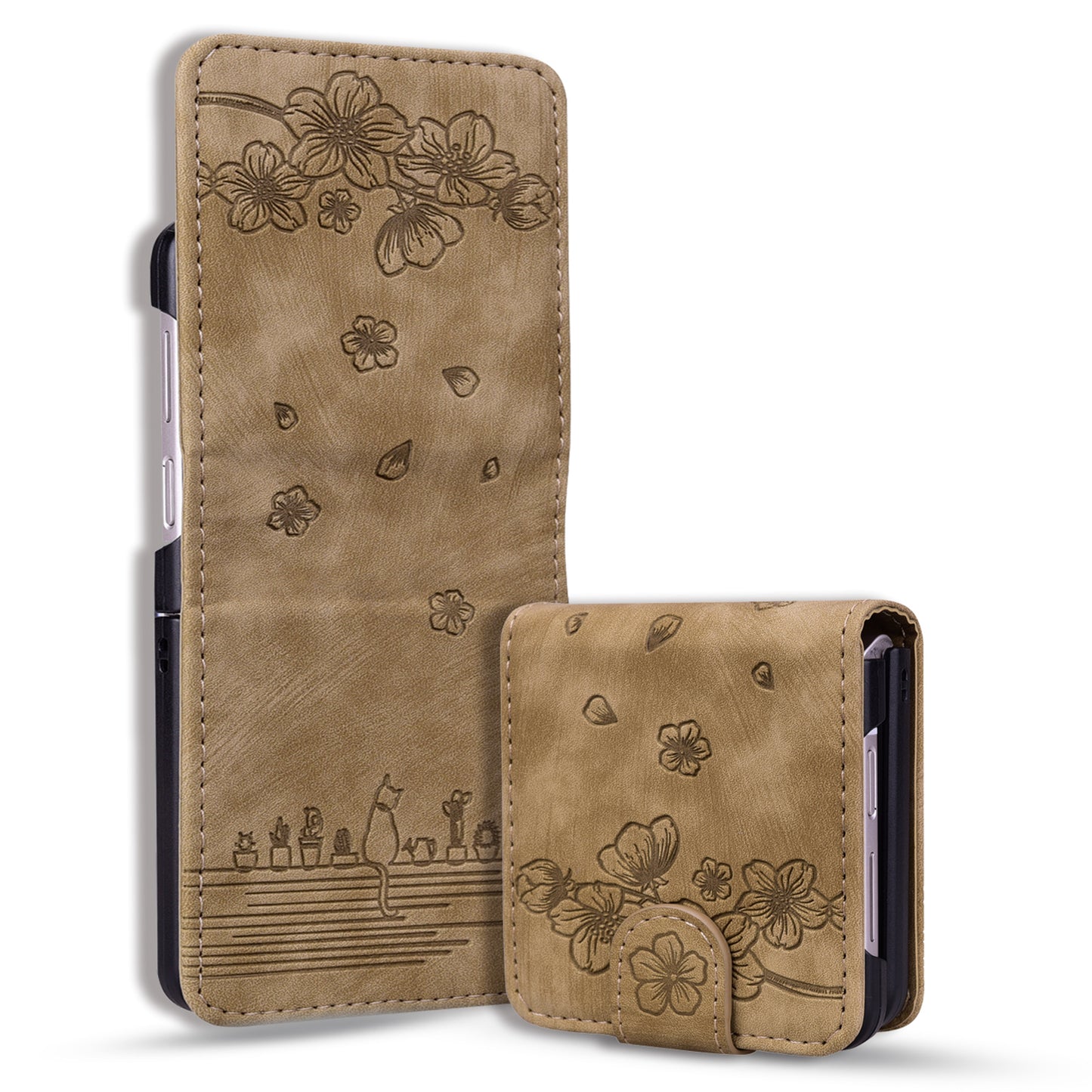 For Samsung Galaxy Z Flip4 5G PU Leather Card Holder Phone Case Imprinted Cat Flower Anti-drop Cover