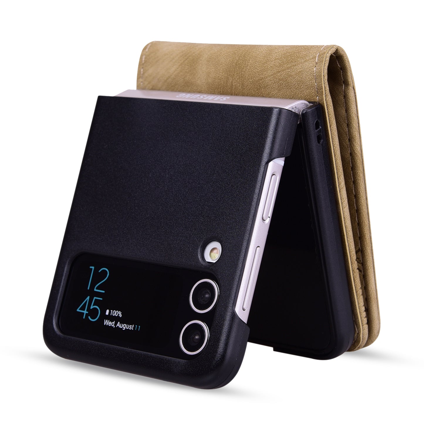 For Samsung Galaxy Z Flip4 5G PU Leather Card Holder Phone Case Imprinted Cat Flower Anti-drop Cover