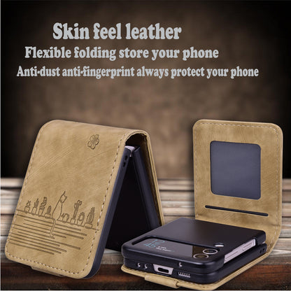 For Samsung Galaxy Z Flip4 5G PU Leather Card Holder Phone Case Imprinted Cat Flower Anti-drop Cover