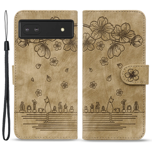 For Google Pixel 8 PU Leather Wallet Case Imprinted Flower Cat  Stand Phone Cover with Strap