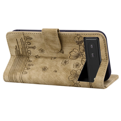 For Google Pixel 8 PU Leather Wallet Case Imprinted Flower Cat  Stand Phone Cover with Strap