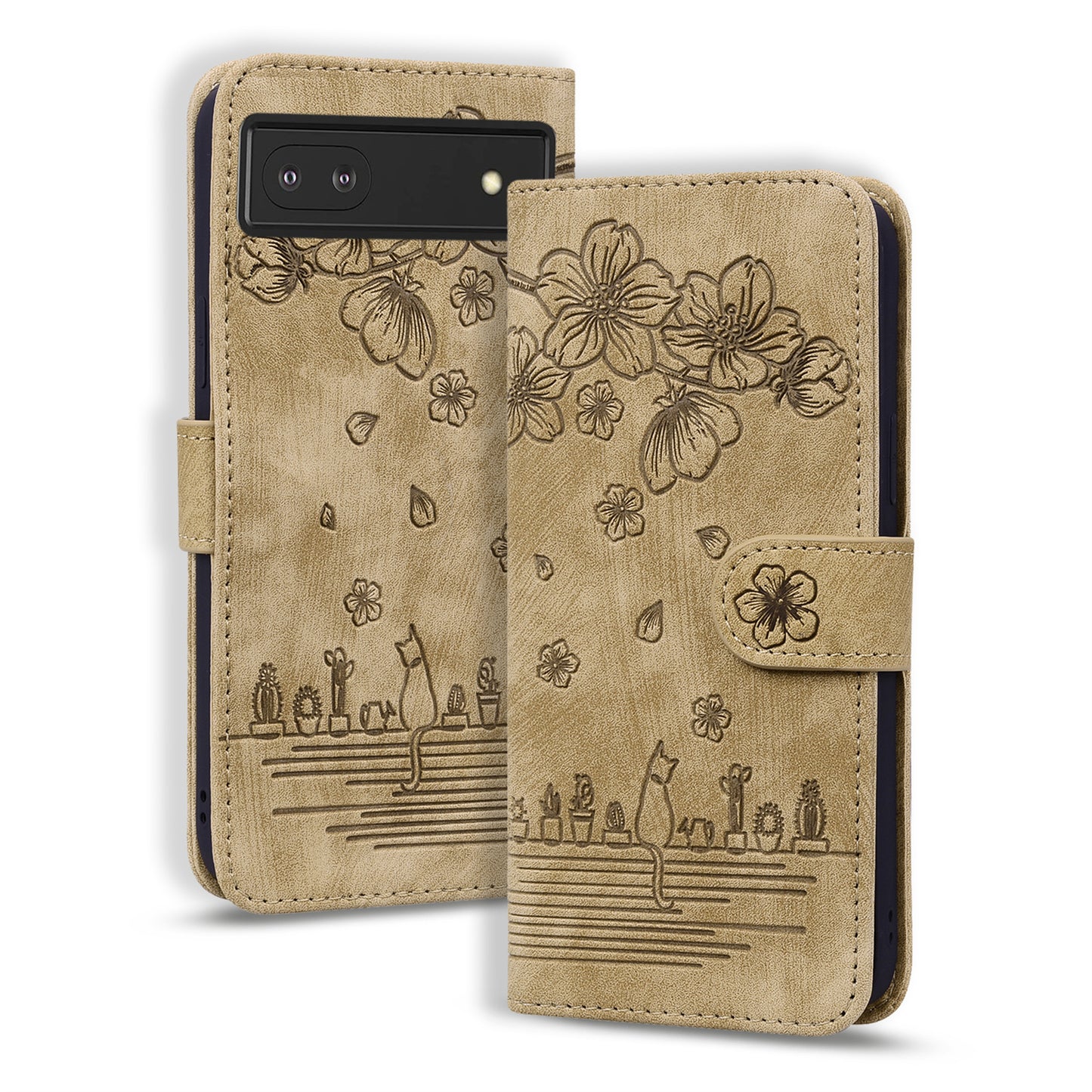 For Google Pixel 8 PU Leather Wallet Case Imprinted Flower Cat  Stand Phone Cover with Strap