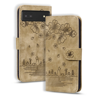 For Google Pixel 8 PU Leather Wallet Case Imprinted Flower Cat  Stand Phone Cover with Strap