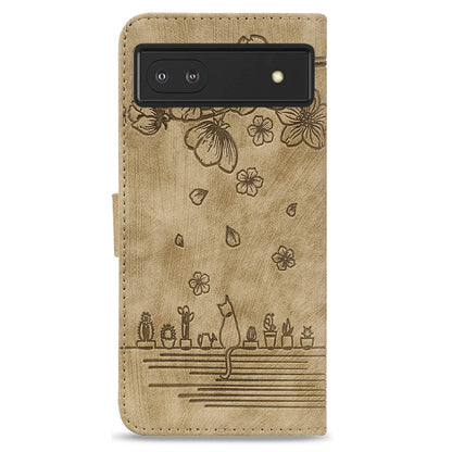 For Google Pixel 8 PU Leather Wallet Case Imprinted Flower Cat  Stand Phone Cover with Strap