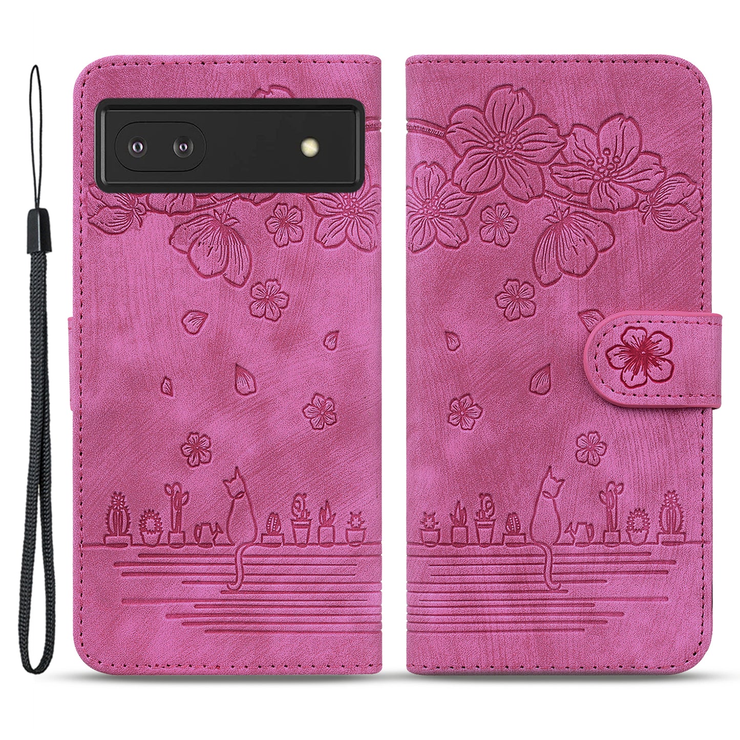 For Google Pixel 8 PU Leather Wallet Case Imprinted Flower Cat  Stand Phone Cover with Strap