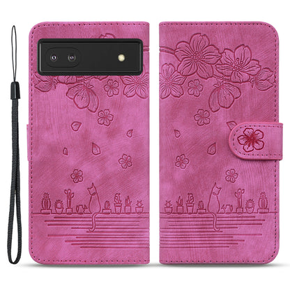 For Google Pixel 8 PU Leather Wallet Case Imprinted Flower Cat  Stand Phone Cover with Strap