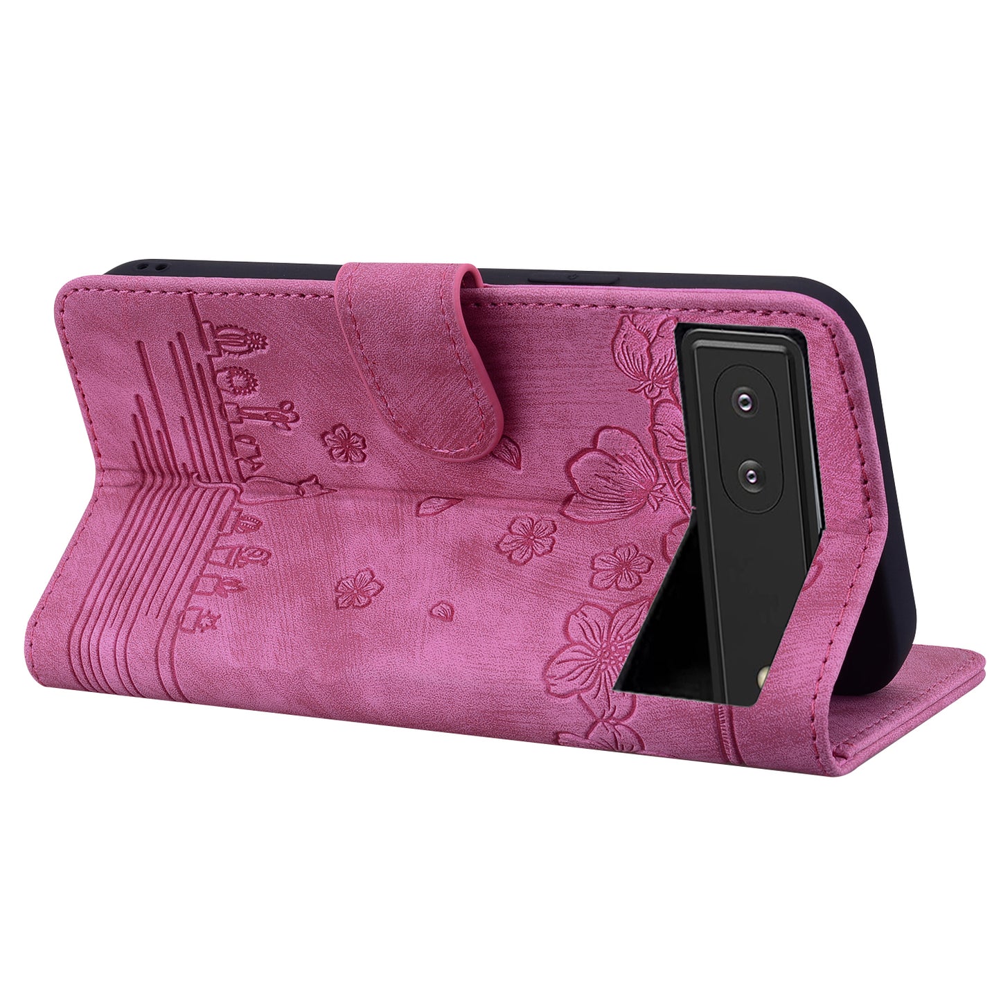 For Google Pixel 8 PU Leather Wallet Case Imprinted Flower Cat  Stand Phone Cover with Strap