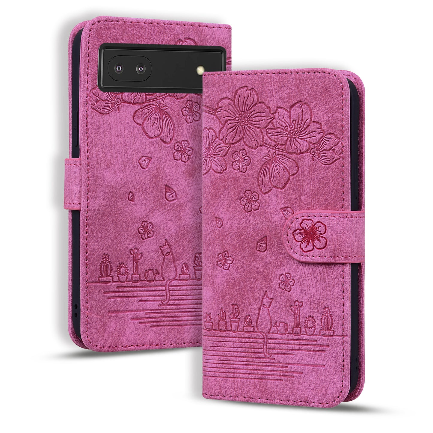 For Google Pixel 8 PU Leather Wallet Case Imprinted Flower Cat  Stand Phone Cover with Strap
