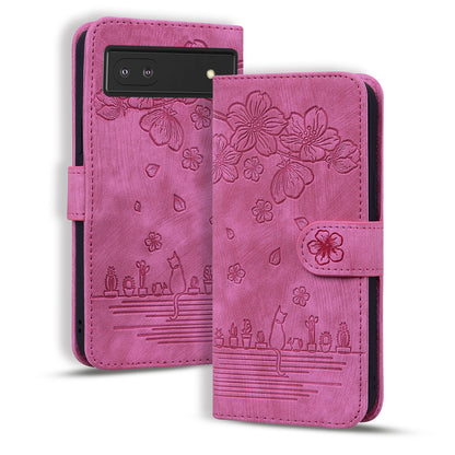 For Google Pixel 8 PU Leather Wallet Case Imprinted Flower Cat  Stand Phone Cover with Strap