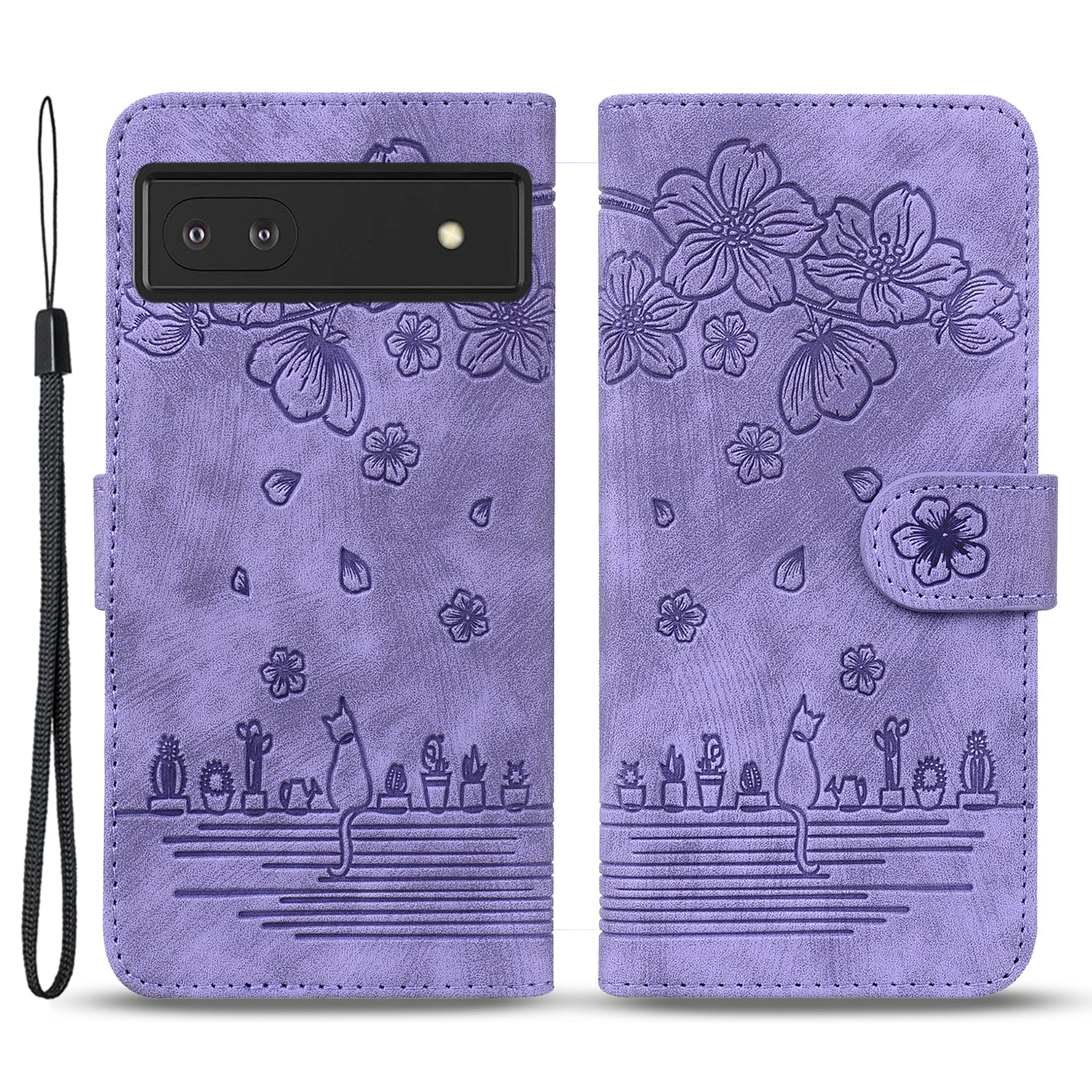 For Google Pixel 8 PU Leather Wallet Case Imprinted Flower Cat  Stand Phone Cover with Strap