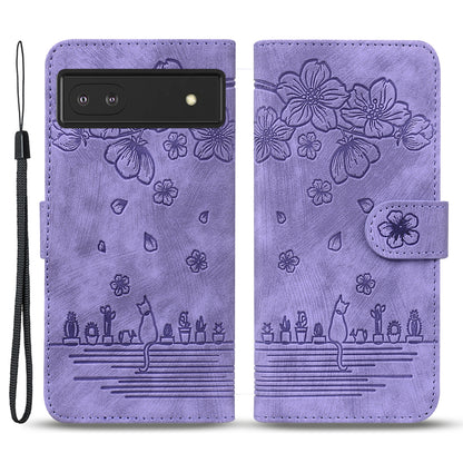 For Google Pixel 8 PU Leather Wallet Case Imprinted Flower Cat  Stand Phone Cover with Strap