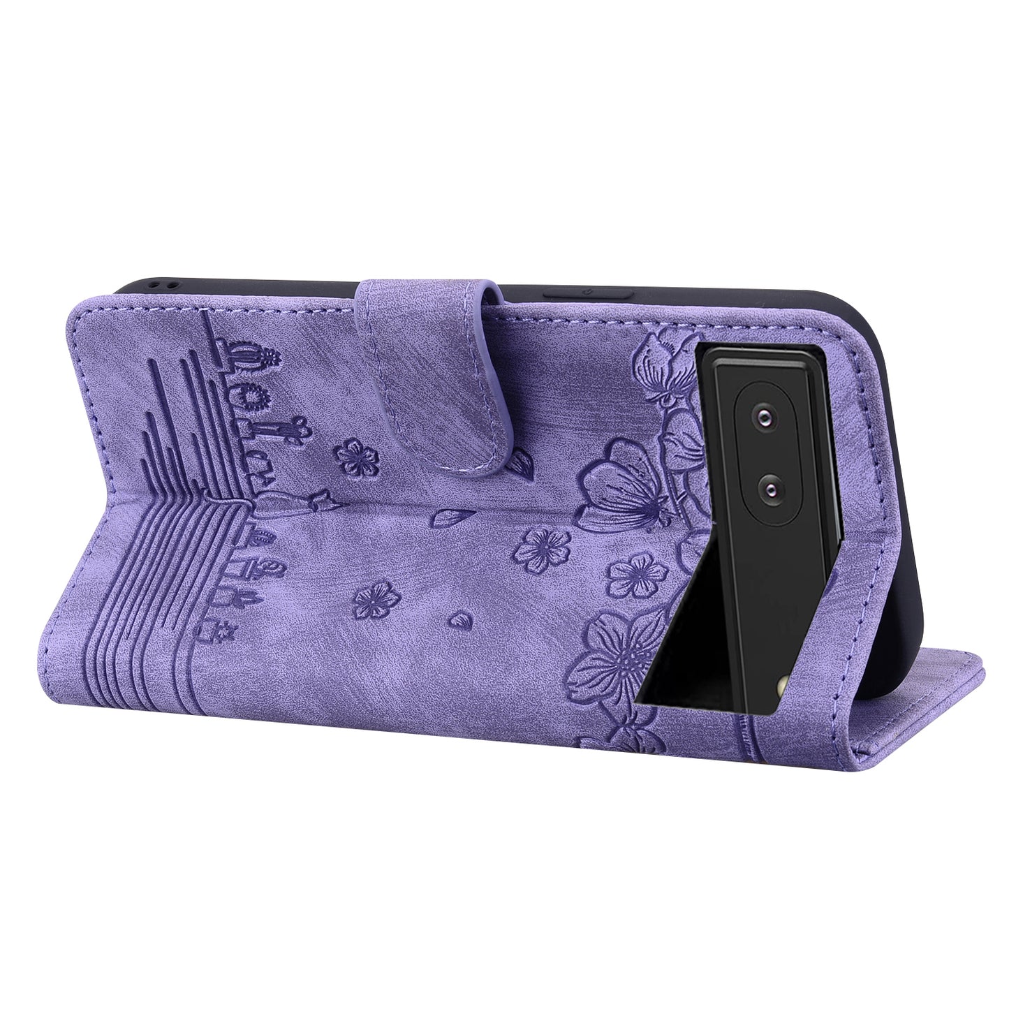 For Google Pixel 8 PU Leather Wallet Case Imprinted Flower Cat  Stand Phone Cover with Strap