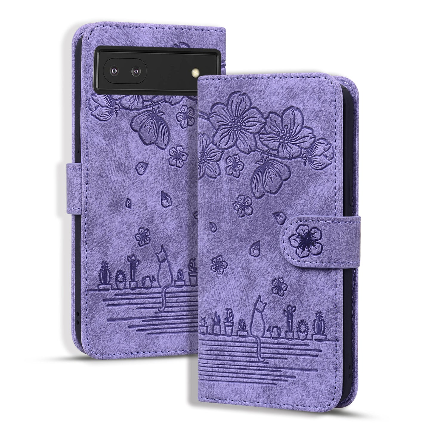For Google Pixel 8 PU Leather Wallet Case Imprinted Flower Cat  Stand Phone Cover with Strap