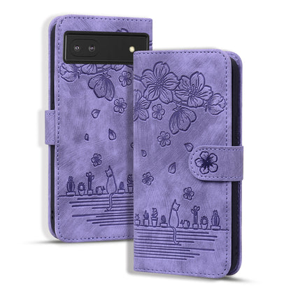 For Google Pixel 8 PU Leather Wallet Case Imprinted Flower Cat  Stand Phone Cover with Strap