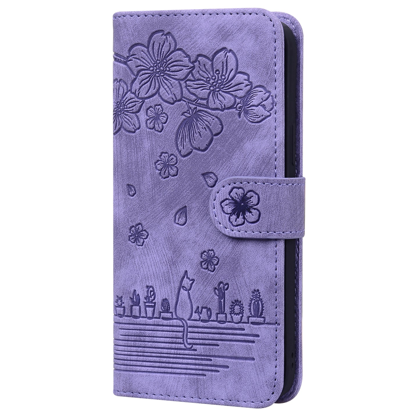 For Google Pixel 8 PU Leather Wallet Case Imprinted Flower Cat  Stand Phone Cover with Strap