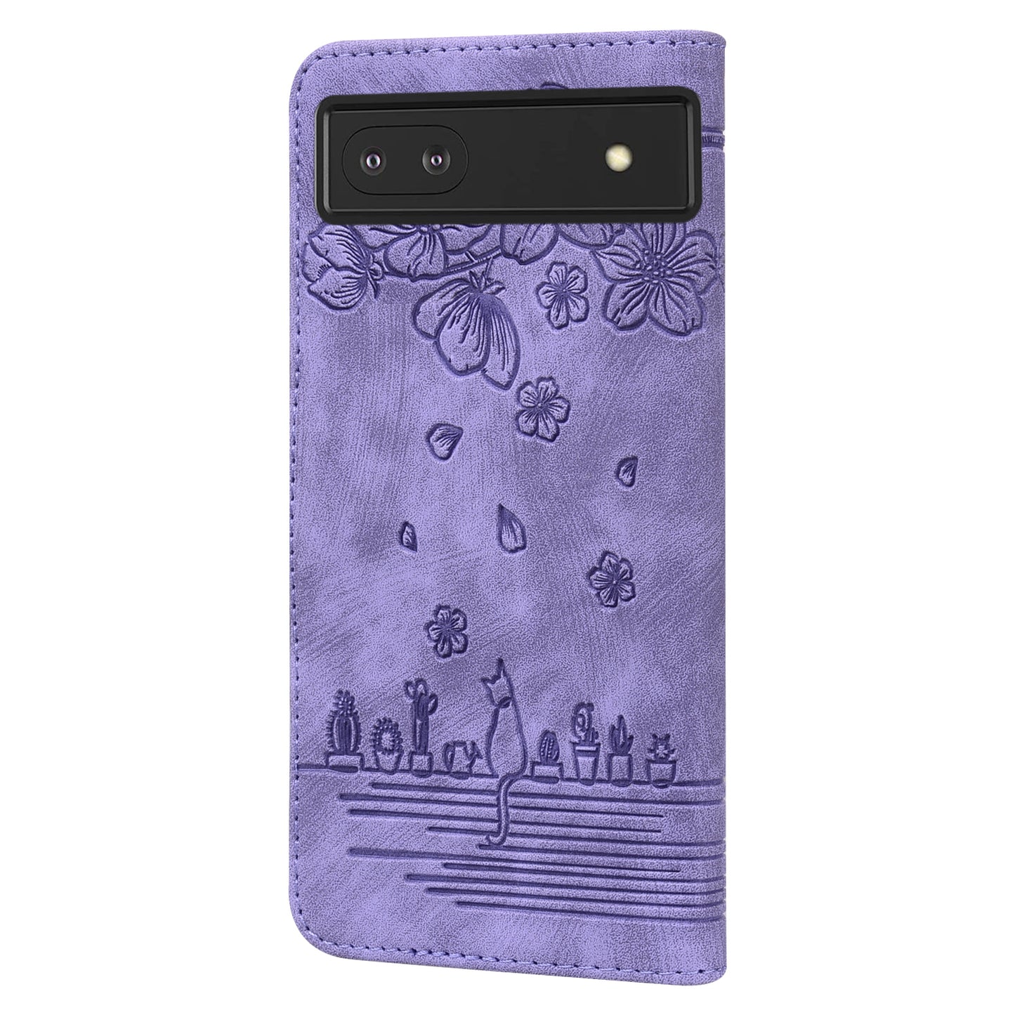 For Google Pixel 8 PU Leather Wallet Case Imprinted Flower Cat  Stand Phone Cover with Strap