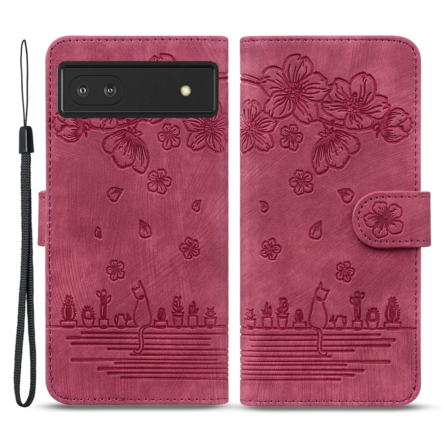 For Google Pixel 8 PU Leather Wallet Case Imprinted Flower Cat  Stand Phone Cover with Strap