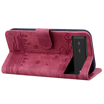 For Google Pixel 8 PU Leather Wallet Case Imprinted Flower Cat  Stand Phone Cover with Strap