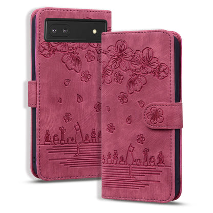 For Google Pixel 8 PU Leather Wallet Case Imprinted Flower Cat  Stand Phone Cover with Strap