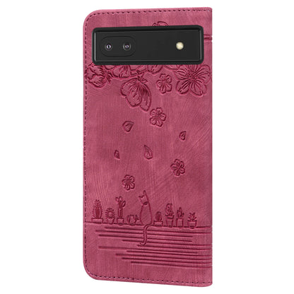 For Google Pixel 8 PU Leather Wallet Case Imprinted Flower Cat  Stand Phone Cover with Strap