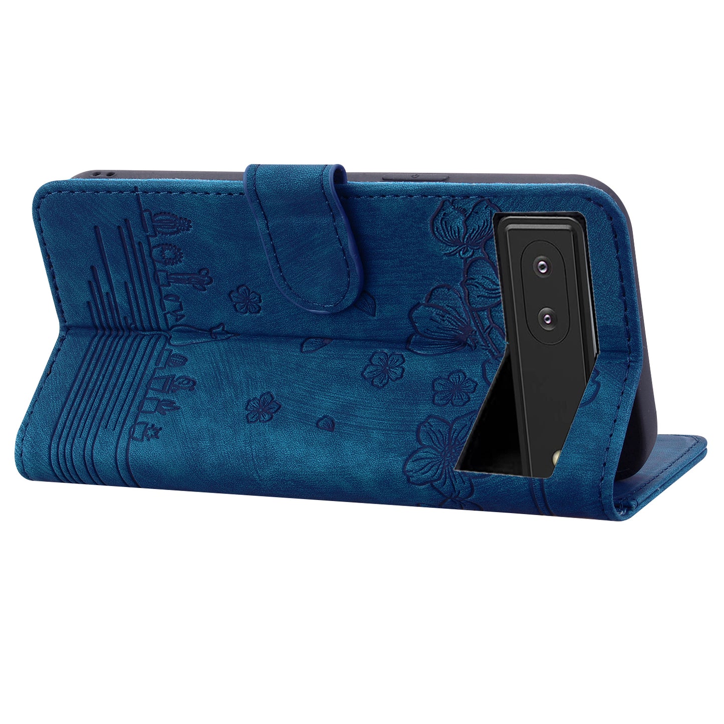 For Google Pixel 8 PU Leather Wallet Case Imprinted Flower Cat  Stand Phone Cover with Strap