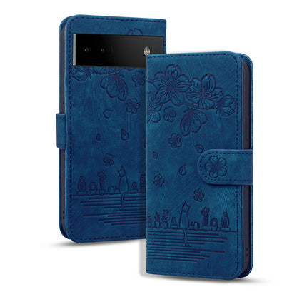 For Google Pixel 8 PU Leather Wallet Case Imprinted Flower Cat  Stand Phone Cover with Strap
