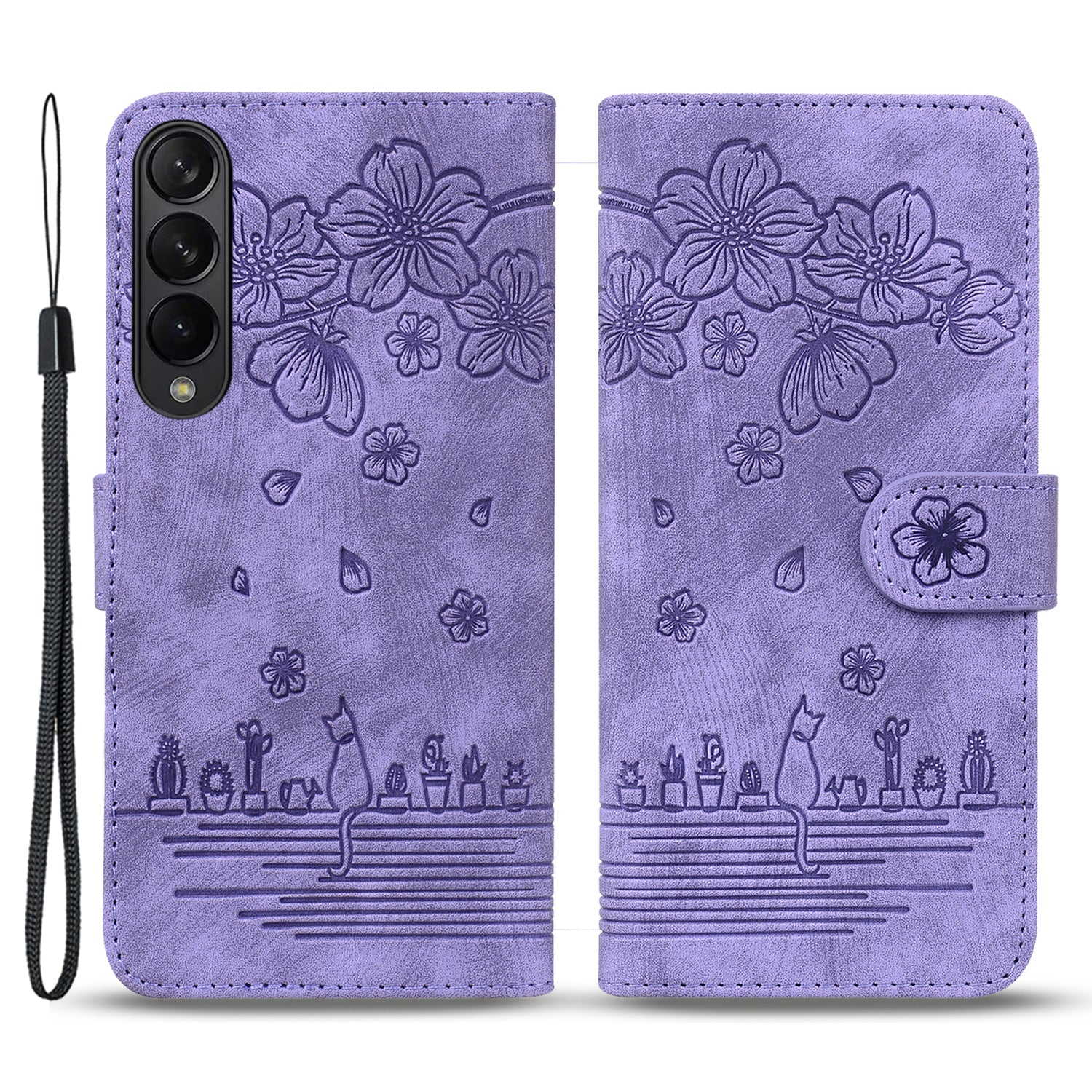 For Samsung Galaxy Z Fold4 5G PU Leather Phone Case Imprinted Cat Stand Wallet Cover with Hand Strap